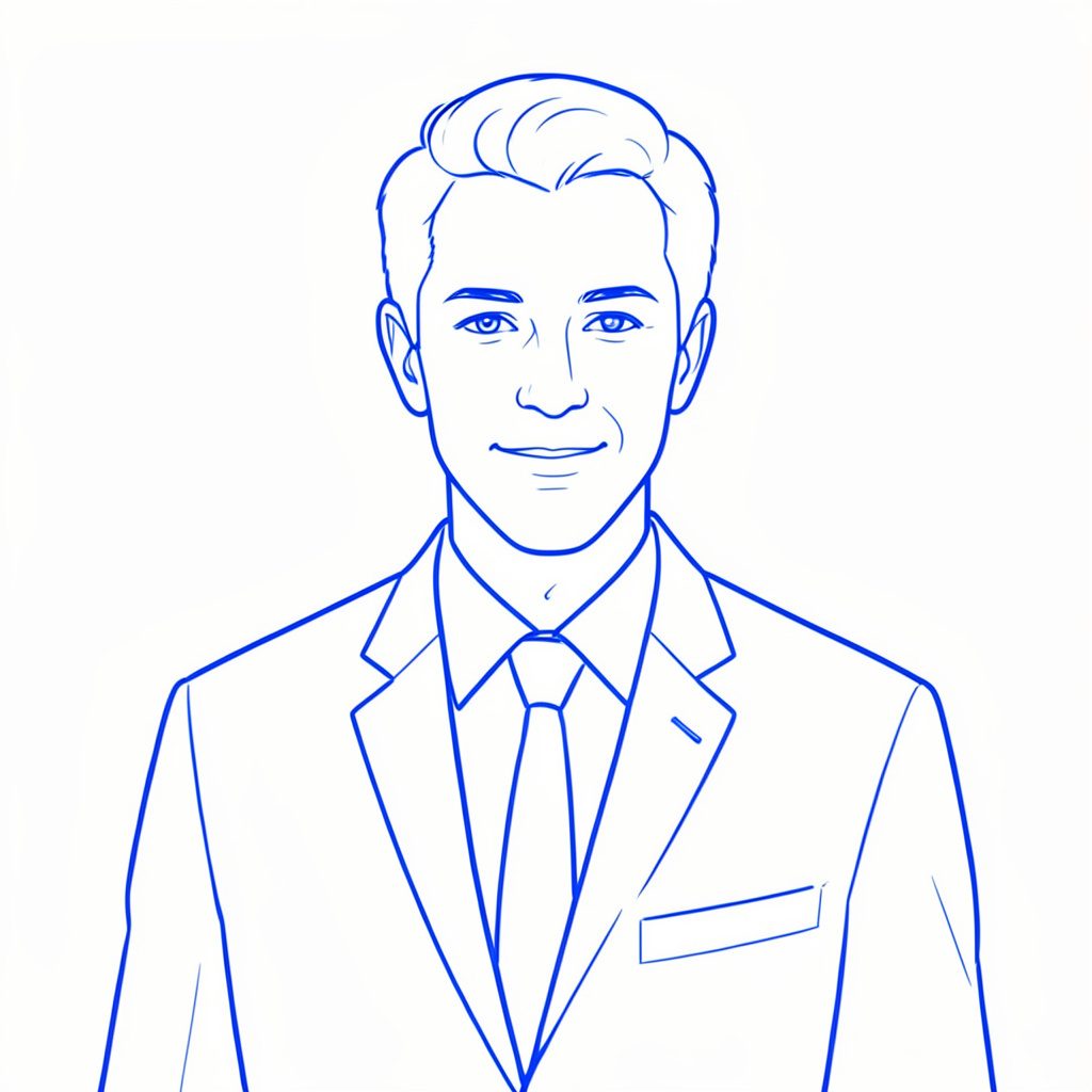 A minimal line drawing of a single professional figure in a tailored suit, standing confidently with arms crossed, rendered in deep blue and charcoal on a white field.
